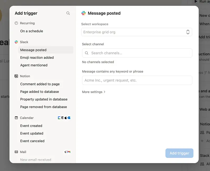 Select triggers for Custom Agents in Slack Enterprise Grid
