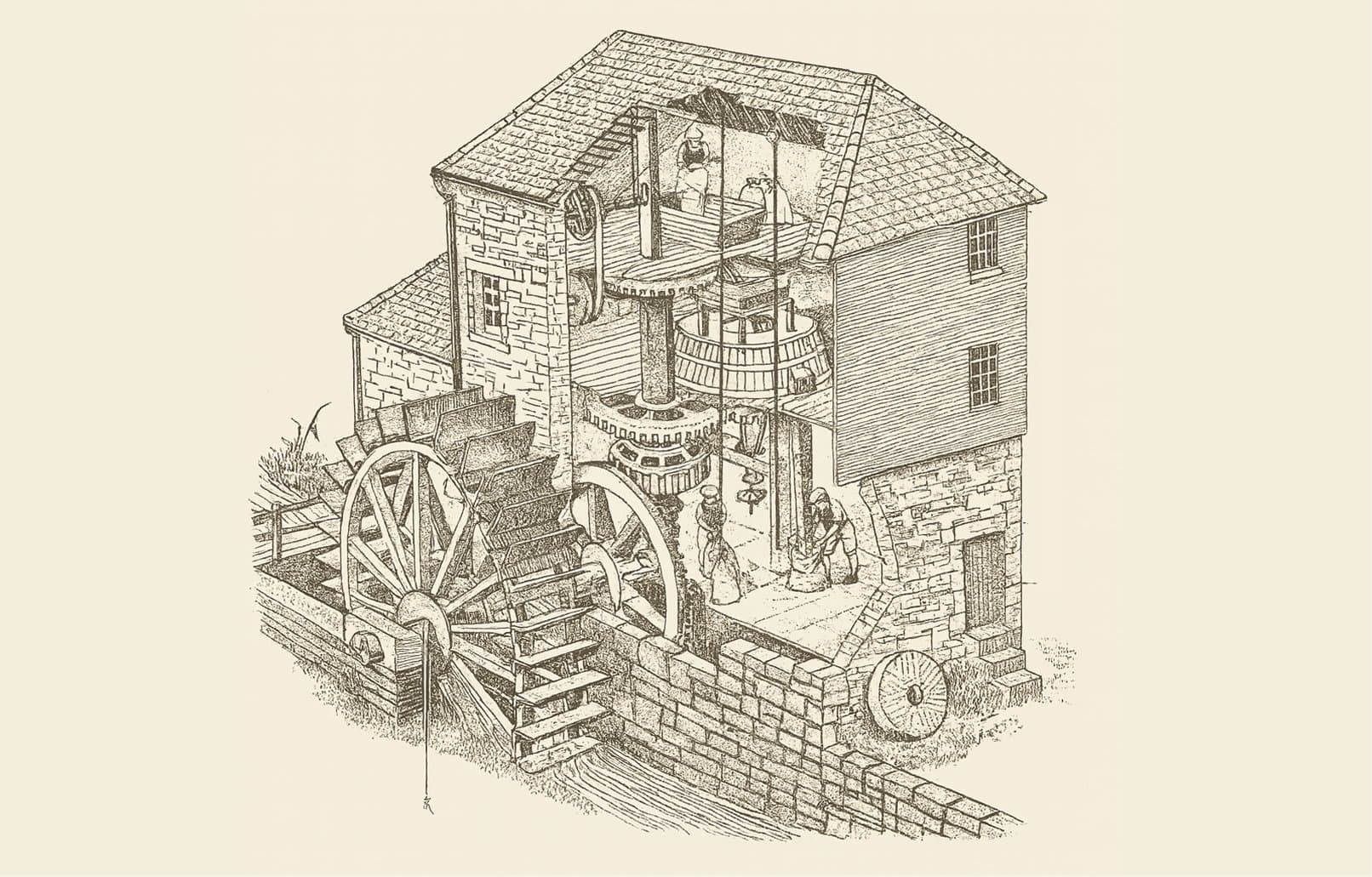 A mill with a water wheel to power its operations. Water was powerful but unreliable and restricted mills to a few locations and seasonality.