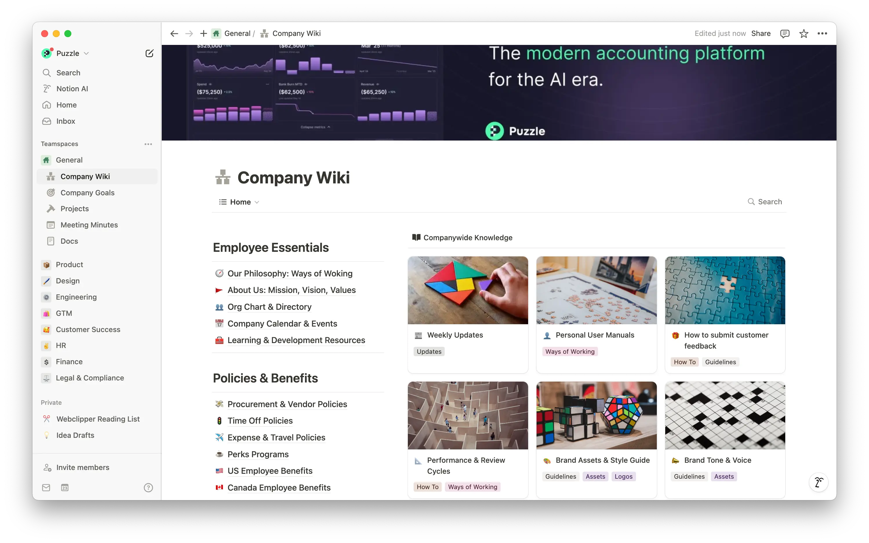 Puzzle’s central source for all company knowledge—easy to update, quick to find, and seamlessly connected to all our work.